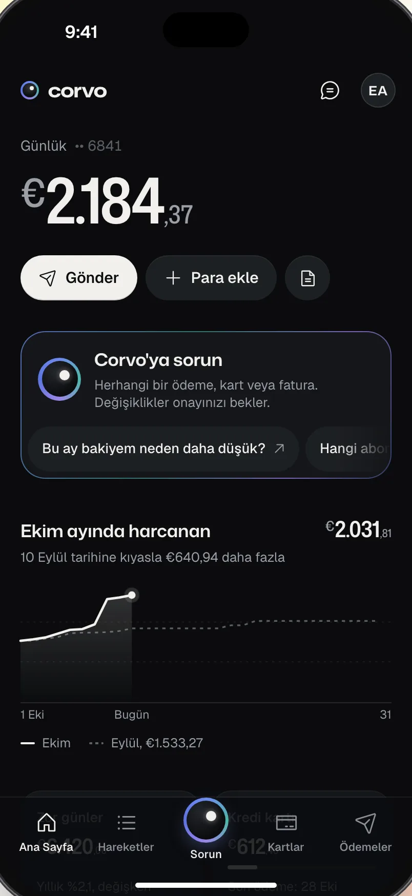 Rendel eklenmiş kurgusal mobil öncelikli banka Corvo.
