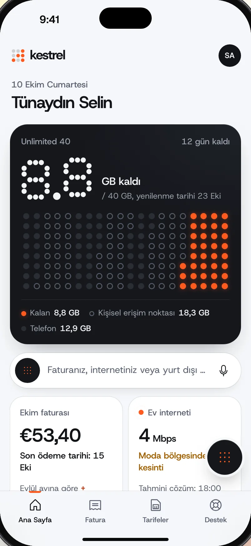 Rendel eklenmiş kurgusal mobil ve ev interneti operatörü Kestrel.